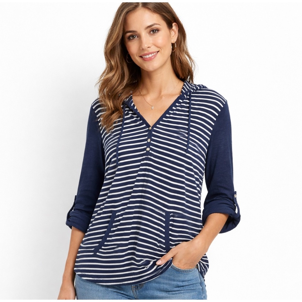 J. Jill Striped Linen Cotton Henley Hoodie Navy White Roll Tab‎ Sleeve Small